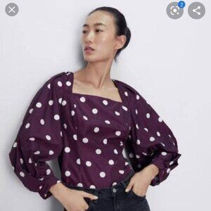 Zara Polka Dots Puff Sleeve Taffeta Blouse (NWT)
